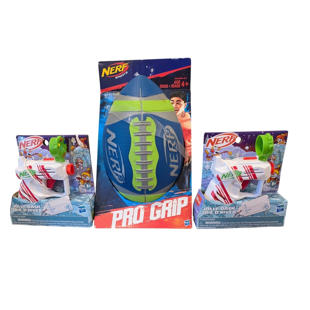 NERF Christmas Gift Lot Pro Grip Football 2 Jolly Dash Holiday Blasters NEW